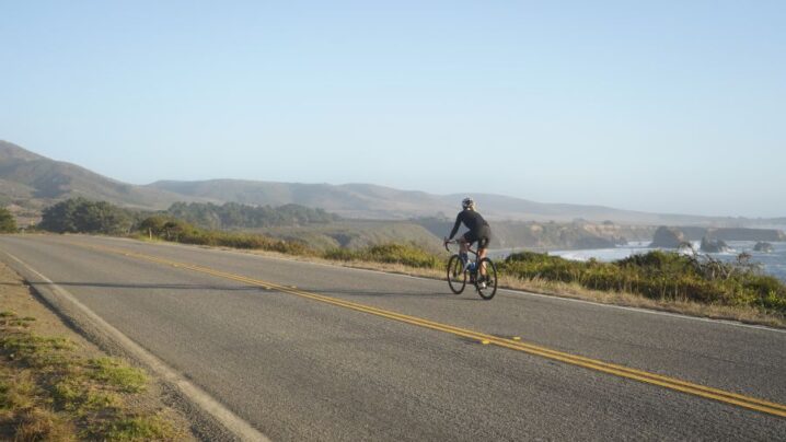 Ali Tetrick rides on Highway 1 from Ragged Point to Cambria on the Central Coast in California